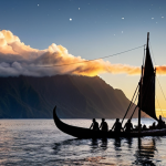 **"An epic wide shot capturing the arrival of the first Polynesian navigators in Aotearoa. Several intricately carved traditional Māori waka (canoes) are seen silhouetted against a breathtaking dawn sky, with the 'long white cloud' (Aotearoa) hugging the distant, pristine mountain range of New Zealand. The ocean is vast and calm, reflecting the fading stars, emphasizing the incredible journey and the moment of discovery. The focus is on the immense scale of nature and the indomitable spirit of the ancient seafarers."**