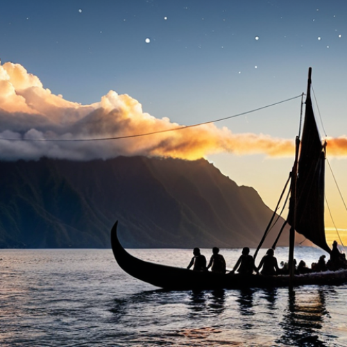**"An epic wide shot capturing the arrival of the first Polynesian navigators in Aotearoa. Several intricately carved traditional Māori waka (canoes) are seen silhouetted against a breathtaking dawn sky, with the 'long white cloud' (Aotearoa) hugging the distant, pristine mountain range of New Zealand. The ocean is vast and calm, reflecting the fading stars, emphasizing the incredible journey and the moment of discovery. The focus is on the immense scale of nature and the indomitable spirit of the ancient seafarers."**