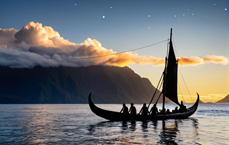 **"An epic wide shot capturing the arrival of the first Polynesian navigators in Aotearoa. Several intricately carved traditional Māori waka (canoes) are seen silhouetted against a breathtaking dawn sky, with the 'long white cloud' (Aotearoa) hugging the distant, pristine mountain range of New Zealand. The ocean is vast and calm, reflecting the fading stars, emphasizing the incredible journey and the moment of discovery. The focus is on the immense scale of nature and the indomitable spirit of the ancient seafarers."**
